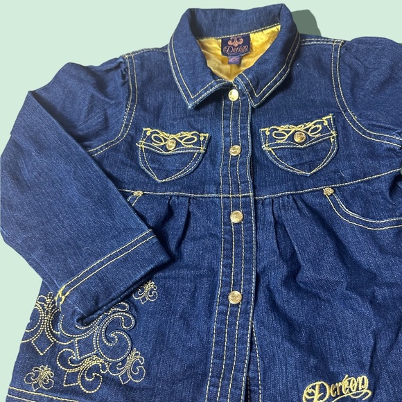 Toddler Girl House Of Dereon Dark Denim Button Front Blazer Jacket Gold Size 4T - Picture 3 of 9